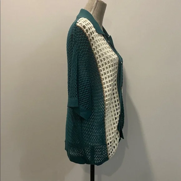 Urban Outfitters Unisex Teal & Cream Crochet Cardigan Size Medium Retro Style - Picture 11 of 14